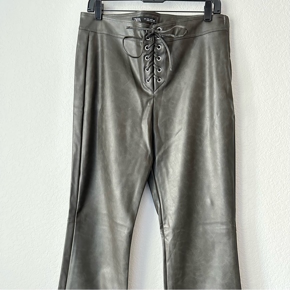 New Zara Dark Brown Faux Leather High Waist Pants Large XL 7901/502 - Picture 6 of 12